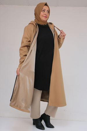 53046 Büyük Beden Kapşonlu İp Kordonlu Kaşe Kaban - Vizon