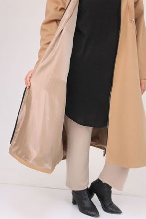 53046 Büyük Beden Kapşonlu İp Kordonlu Kaşe Kaban - Vizon