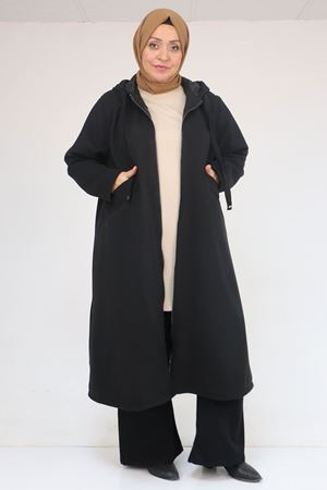 53046 Büyük Beden Kapşonlu İp Kordonlu Kaşe Kaban - Siyah