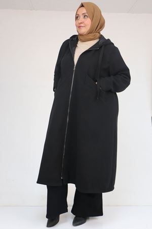 53046 Büyük Beden Kapşonlu İp Kordonlu Kaşe Kaban - Siyah