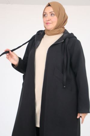 53046 Büyük Beden Kapşonlu İp Kordonlu Kaşe Kaban - Siyah