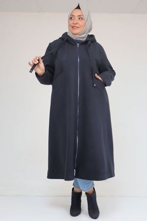 53046 Büyük Beden Kapşonlu İp Kordonlu Kaşe Kaban - Lacivert