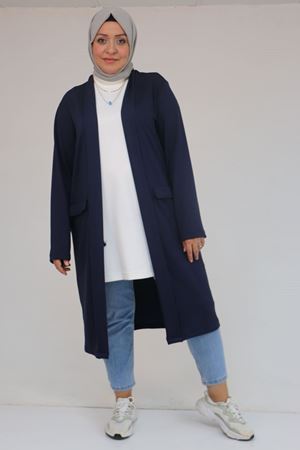 53048 Büyük Beden Cepli Uzun Modal Ceket - Lacivert