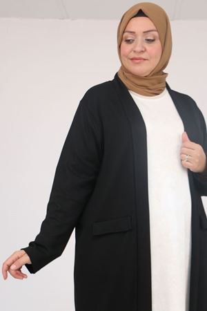 53048 Büyük Beden Cepli Uzun Modal Ceket - Siyah