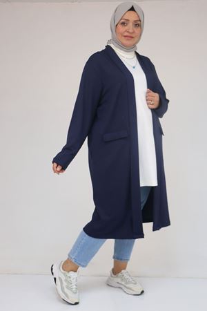 53048 Büyük Beden Cepli Uzun Modal Ceket - Lacivert
