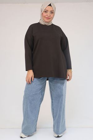 58132 Büyük Beden Önü Çıma Detaylı Yanı Yırtmaçlı Modal Tunik - Kahve