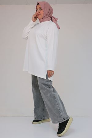 58132 Büyük Beden Önü Çıma Detaylı Yanı Yırtmaçlı Modal Tunik - Ekru