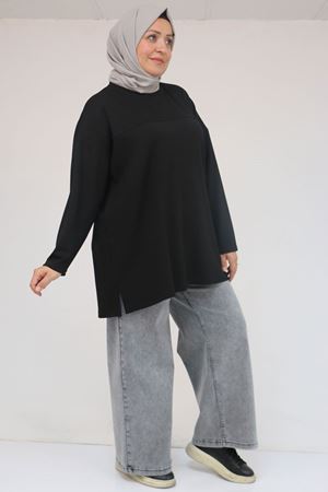 58132 Büyük Beden Önü Çıma Detaylı Yanı Yırtmaçlı Modal Tunik - Siyah