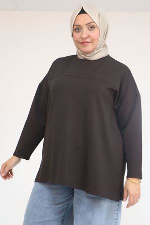 58132 Büyük Beden Önü Çıma Detaylı Yanı Yırtmaçlı Modal Tunik - Kahve