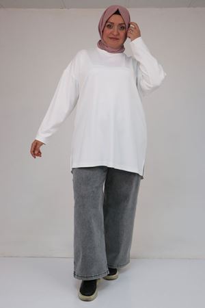 58132 Büyük Beden Önü Çıma Detaylı Yanı Yırtmaçlı Modal Tunik - Ekru
