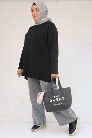58132 Büyük Beden Önü Çıma Detaylı Yanı Yırtmaçlı Modal Tunik - Siyah