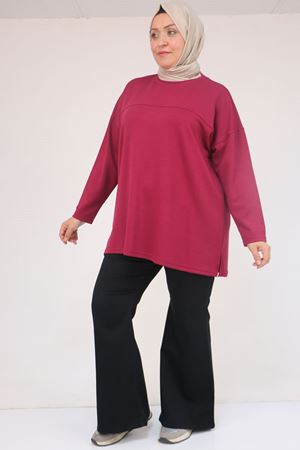58132 Büyük Beden Önü Çıma Detaylı Yanı Yırtmaçlı Modal Tunik - Bordo