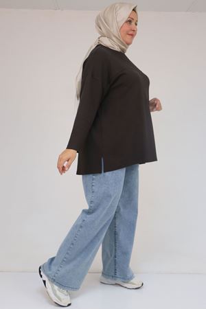 58132 Büyük Beden Önü Çıma Detaylı Yanı Yırtmaçlı Modal Tunik - Kahve