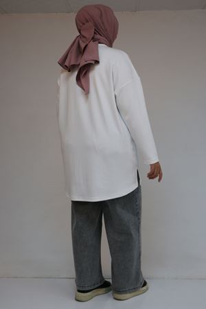 58132 Büyük Beden Önü Çıma Detaylı Yanı Yırtmaçlı Modal Tunik - Ekru