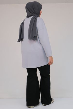 58132 Büyük Beden Önü Çıma Detaylı Yanı Yırtmaçlı Modal Tunik - Gri