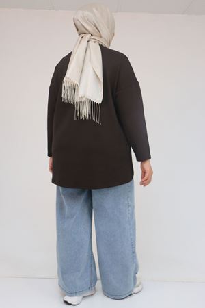 58132 Büyük Beden Önü Çıma Detaylı Yanı Yırtmaçlı Modal Tunik - Kahve