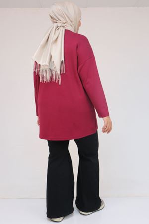 58132 Büyük Beden Önü Çıma Detaylı Yanı Yırtmaçlı Modal Tunik - Bordo