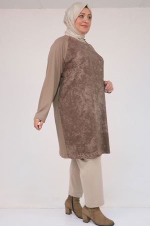 58162 Büyük Beden Garnili Modal Tunik - Vizon