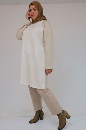 58162 Büyük Beden Garnili Modal Tunik - Bej