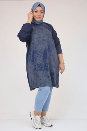 58162 Büyük Beden Garnili Modal Tunik - İndigo