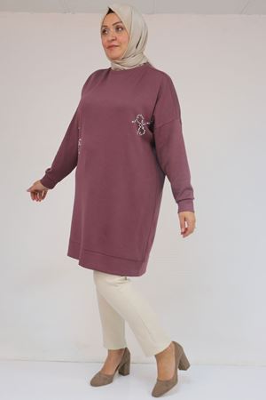 58165 Büyük Beden Taş Baskı Detaylı Modal Tunik - Gül Kurusu