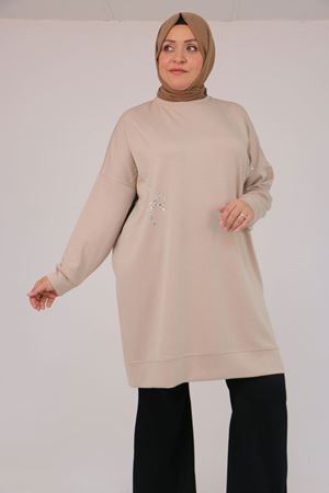 58165 Büyük Beden Taş Baskı Detaylı Modal Tunik - Vizon