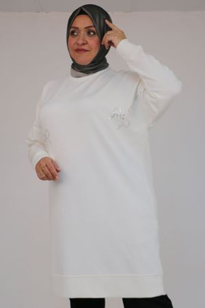 58165 Büyük Beden Taş Baskı Detaylı Modal Tunik - Ekru