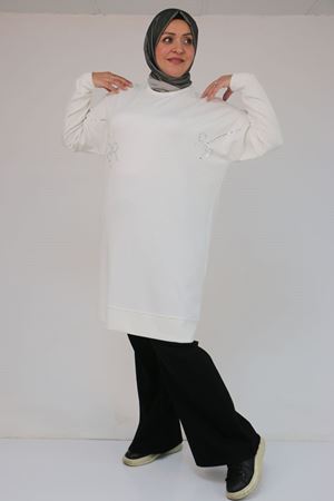 58165 Büyük Beden Taş Baskı Detaylı Modal Tunik - Ekru