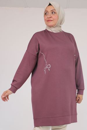 58165 Büyük Beden Taş Baskı Detaylı Modal Tunik - Gül Kurusu