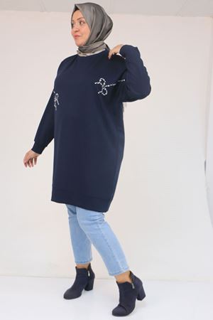 58165 Büyük Beden Taş Baskı Detaylı Modal Tunik - Lacivert
