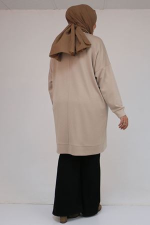 58165 Büyük Beden Taş Baskı Detaylı Modal Tunik - Vizon