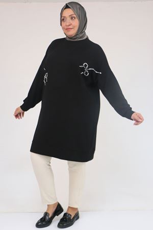 58165 Büyük Beden Taş Baskı Detaylı Modal Tunik - Siyah