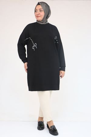 58165 Büyük Beden Taş Baskı Detaylı Modal Tunik - Siyah