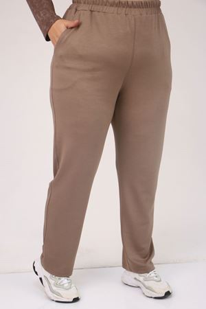 57070 Büyük Beden Önü Simetri Kesim Batik Pantolonlu Takım - Vizon