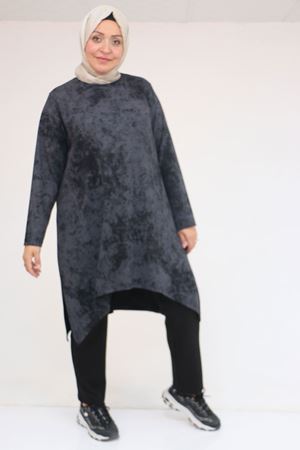 57070 Büyük Beden Önü Simetri Kesim Batik Pantolonlu Takım - Siyah