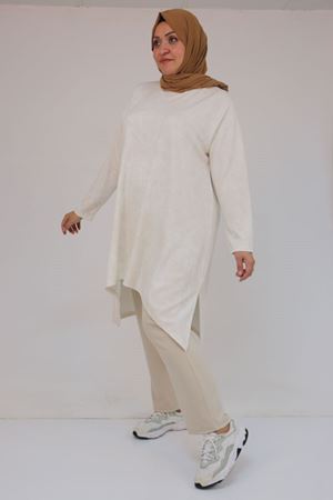 57070 Büyük Beden Önü Simetri Kesim Batik Pantolonlu Takım - Bej