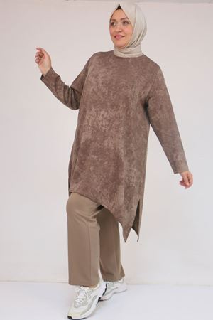 57070 Büyük Beden Önü Simetri Kesim Batik Pantolonlu Takım - Vizon