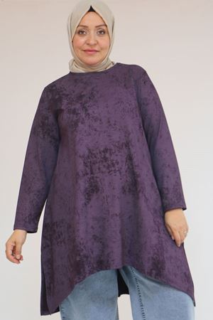 58163 Büyük Beden Eteği Simetri Kesim Batik Tunik - Mürdüm