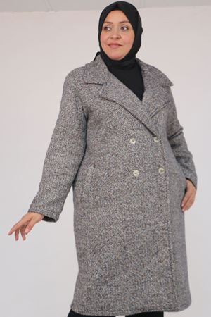 53037 Büyük Beden Mostralı Erkek Yaka Şanel Kaban - Siyah