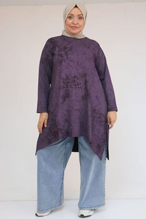 58163 Büyük Beden Eteği Simetri Kesim Batik Tunik - Mürdüm