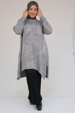 58163 Büyük Beden Eteği Simetri Kesim Batik Tunik - Gri