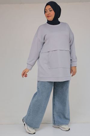 58133 Büyük Beden Kanguru Cepli Modal Tunik - Gri