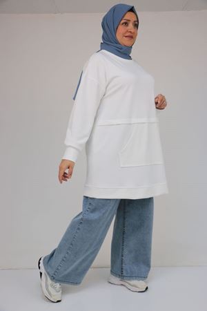 58133 Büyük Beden Kanguru Cepli Modal Tunik - Ekru
