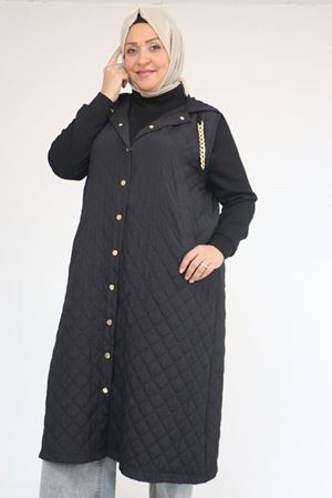 54008-1 Büyük Beden Zincir Kordonlu Modal-Kapitone Yelek - Siyah