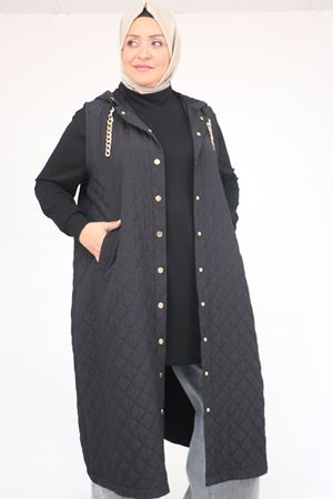 54008-1 Büyük Beden Zincir Kordonlu Modal-Kapitone Yelek - Siyah