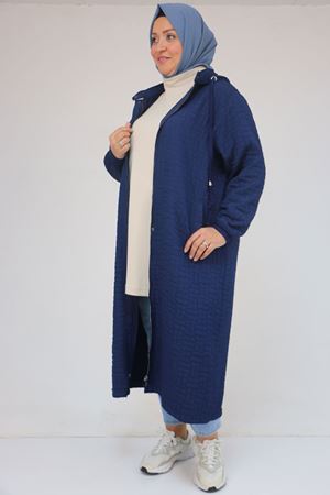 53043 Büyük Beden Yakalı Modal-Kapitone Kap - İndigo