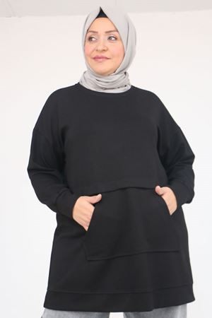 58133 Büyük Beden Kanguru Cepli Modal Tunik - Siyah