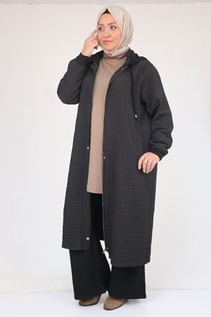 53043 Büyük Beden Yakalı Modal-Kapitone Kap - Siyah