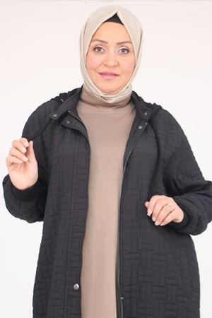 53043 Büyük Beden Yakalı Modal-Kapitone Kap - Siyah