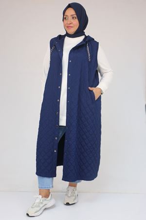 54008 Büyük Beden Zincir Kordonlu Modal-Kapitone Yelek - İndigo